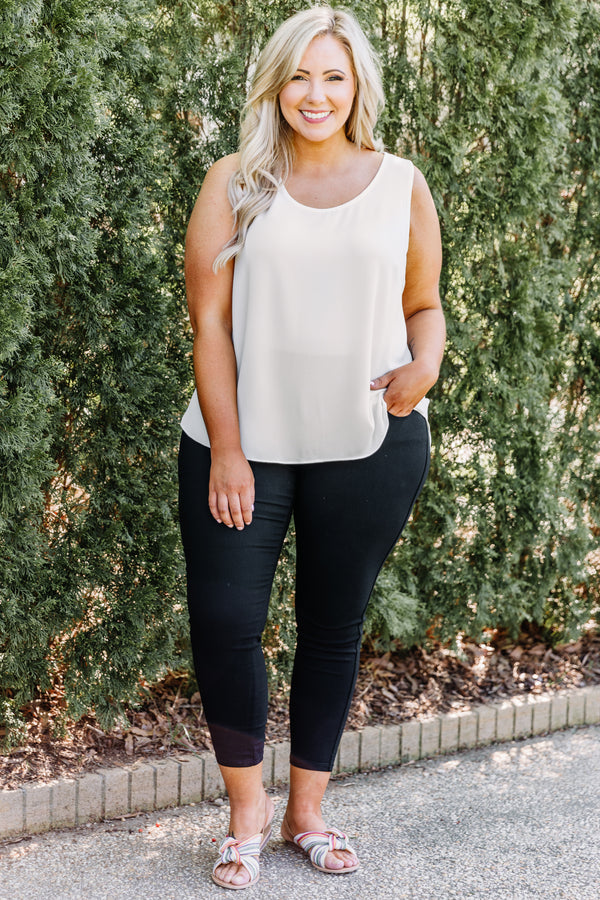 tank, thick straps, scoop neck, curved hem, longer back, loose, white, comfy, spring, summer