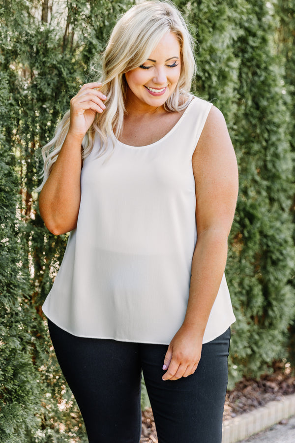 tank, thick straps, scoop neck, curved hem, longer back, loose, white, comfy, spring, summer