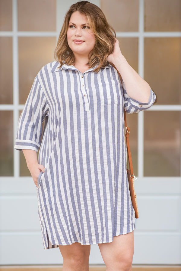 dress, short dress, three quarter sleeve, button front, collar, striped, navy, white, loose, comfy