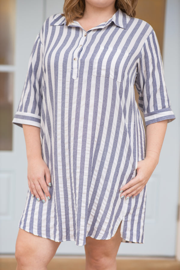 dress, short dress, three quarter sleeve, button front, collar, striped, navy, white, loose, comfy