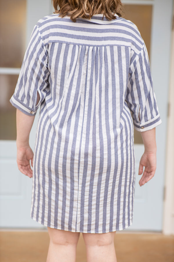 dress, short dress, three quarter sleeve, button front, collar, striped, navy, white, loose, comfy
