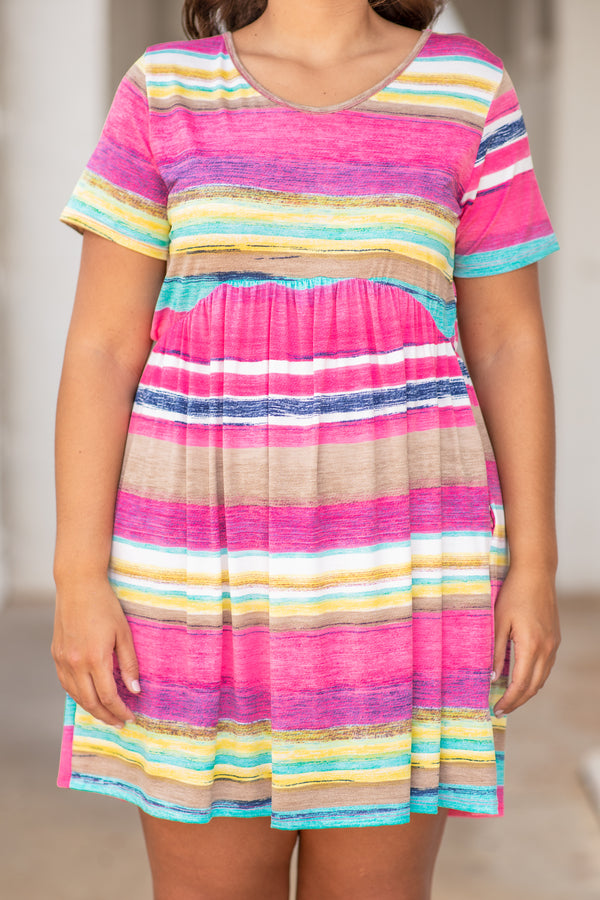 bright, figure flattering, baby doll, short, stripes, round neck, short sleeve