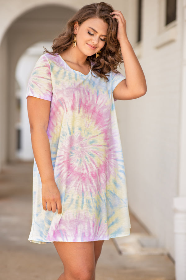 dress, short dress, v neck, short sleeve, loose, comfy, tie dye, blue pink, pastels, yellow