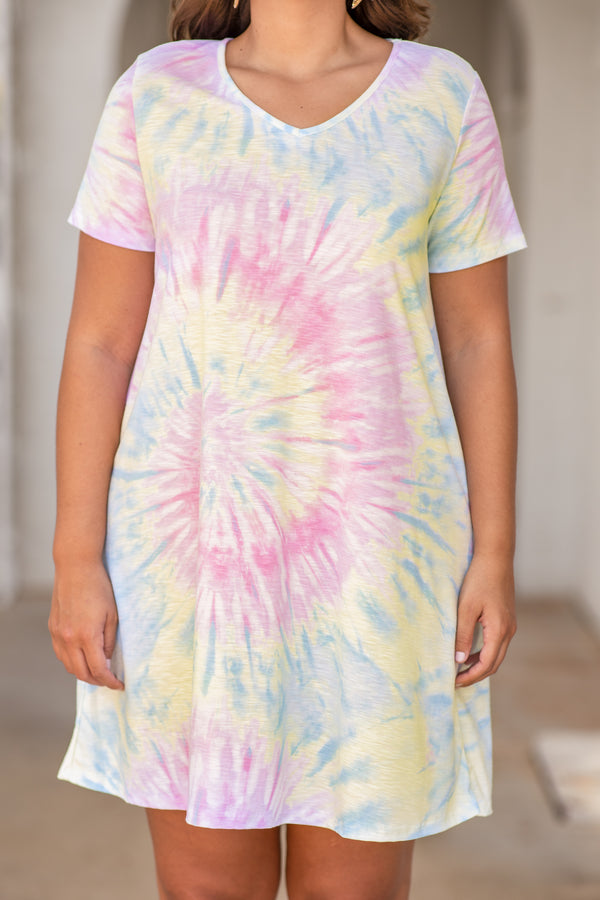 dress, short dress, v neck, short sleeve, loose, comfy, tie dye, blue pink, pastels, yellow