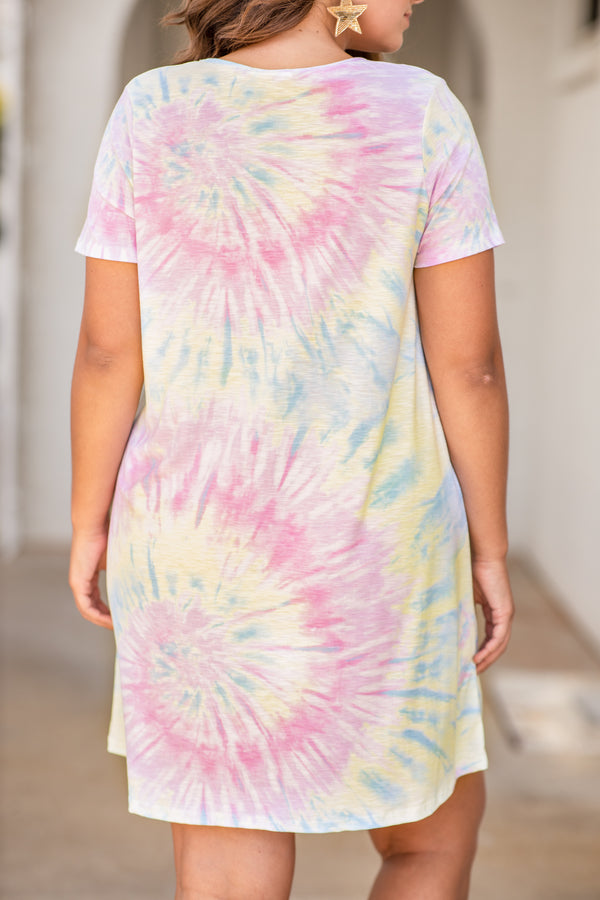 dress, short dress, v neck, short sleeve, loose, comfy, tie dye, blue pink, pastels, yellow