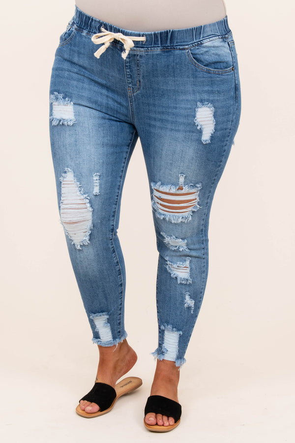 bottoms, jeans, denim, medium wash, distressed