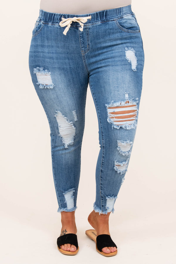 bottoms, jeans, denim, medium wash, distressed