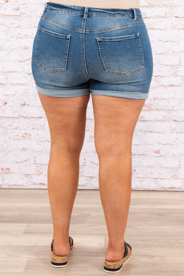 bottoms, shorts, medium wash, blue, distressed