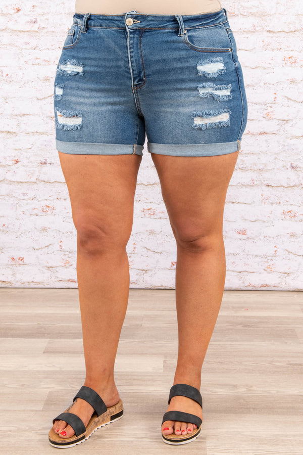 bottoms, shorts, medium wash, blue, distressed 