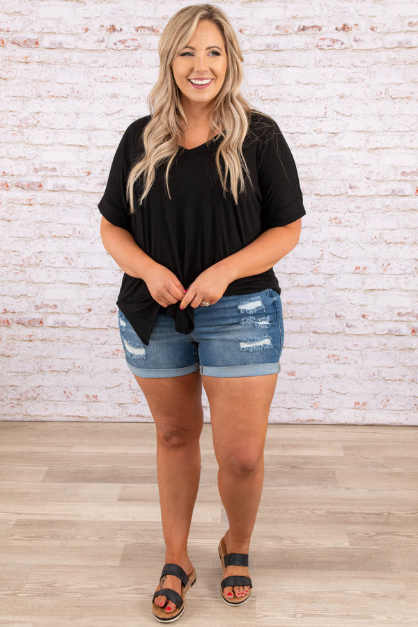 bottoms, shorts, medium wash, blue, distressed
