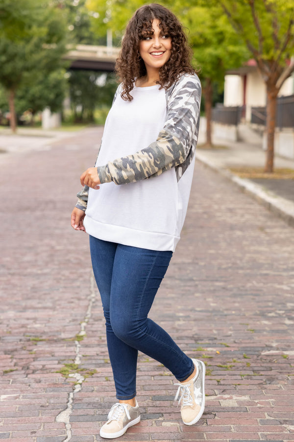 tops, casual, white, camo sleeves, long sleeve, comfy