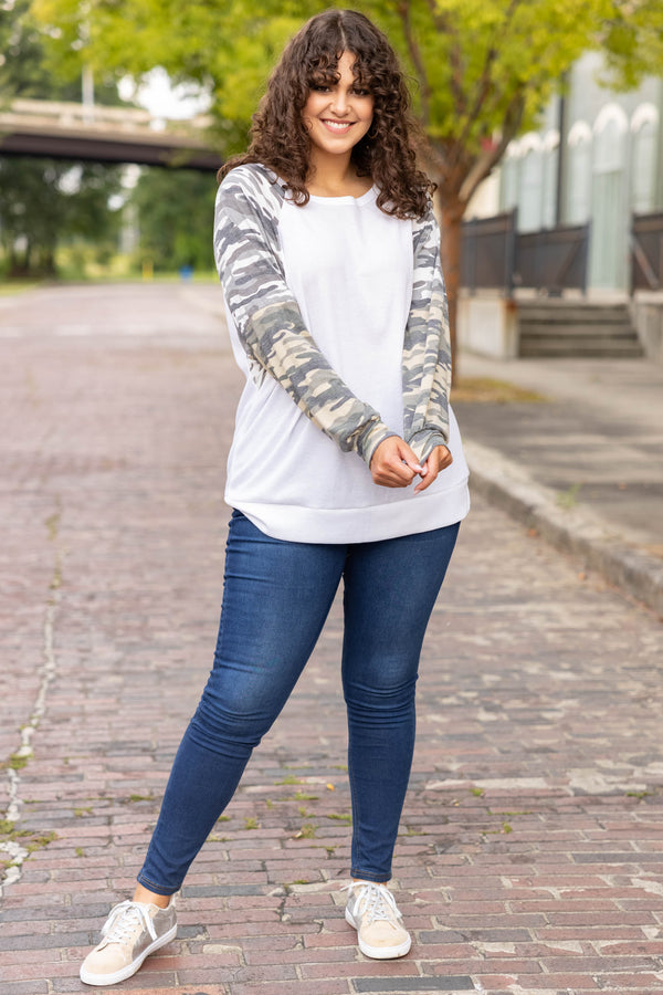 tops, casual, white, camo sleeves, long sleeve, comfy