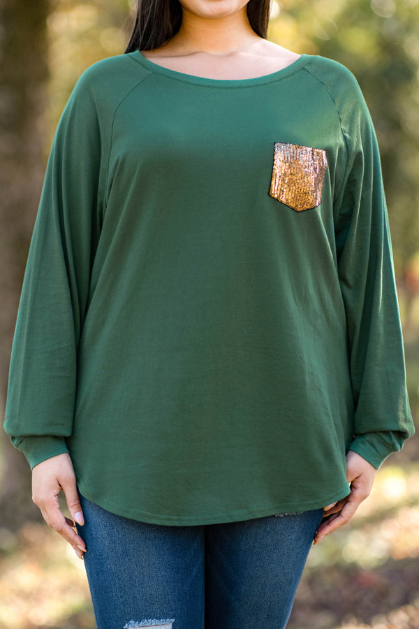 top, tunic, hunter green, slouchy, sequin pocket, long sleeve