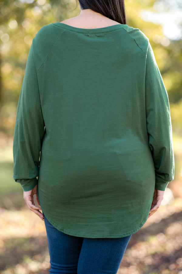 top, tunic, hunter green, slouchy, sequin pocket, long sleeve