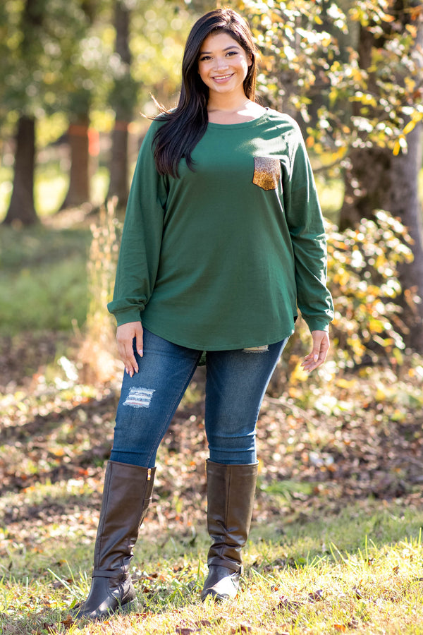 top, tunic, hunter green, slouchy, sequin pocket, long sleeve