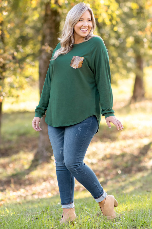 top, tunic, hunter green, slouchy, sequin pocket, long sleeve