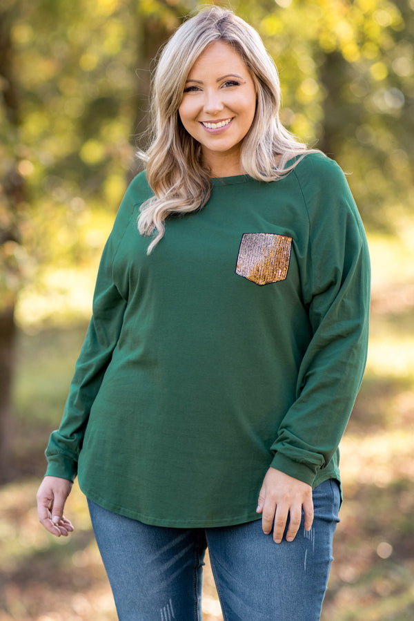 top, tunic, hunter green, slouchy, sequin pocket, long sleeve