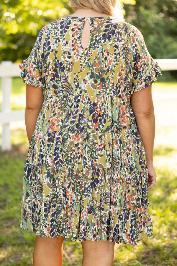dresses, casual, green, olive, multi color, floral, short sleeve