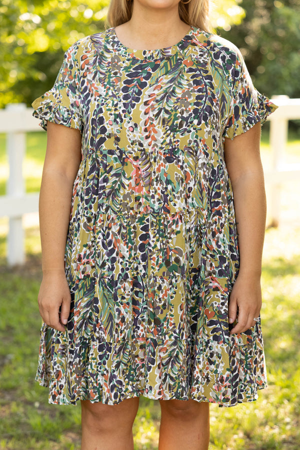 dresses, casual, green, olive, multi color, floral, short sleeve