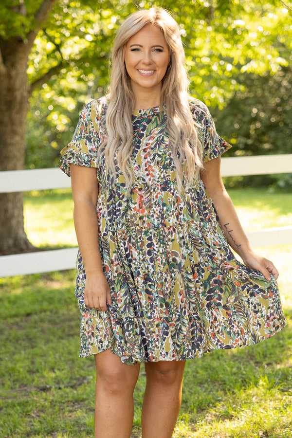 dresses, casual, green, olive, multi color, floral, short sleeve