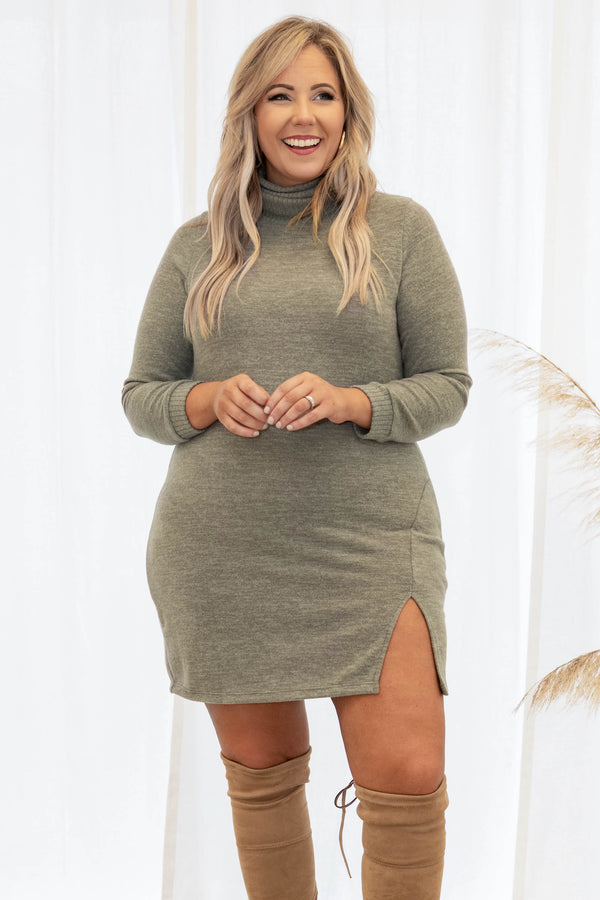 Dress, Long Sleeve, Slit, Olive, Turtle Neck, Comfy, Solid 