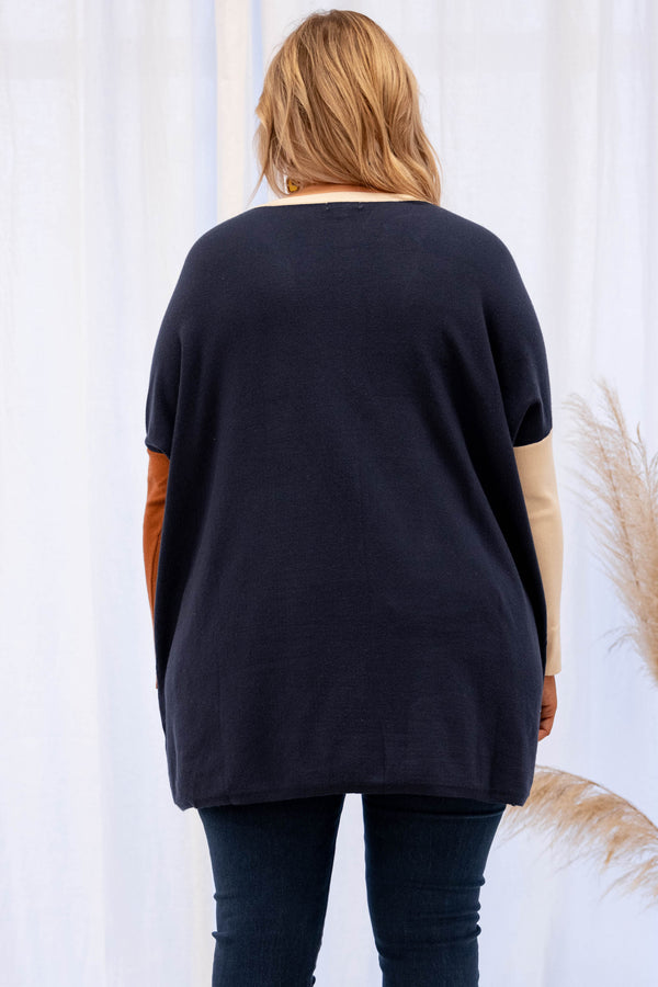 Navy, Sweater, Navy Sweater, Pattern, Long Sleeve, Long Sleeve Sweater, Lightweight Sweater, Colorblock 