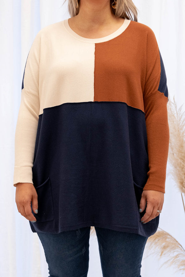 Navy, Sweater, Navy Sweater, Pattern, Long Sleeve, Long Sleeve Sweater, Lightweight Sweater, Colorblock 