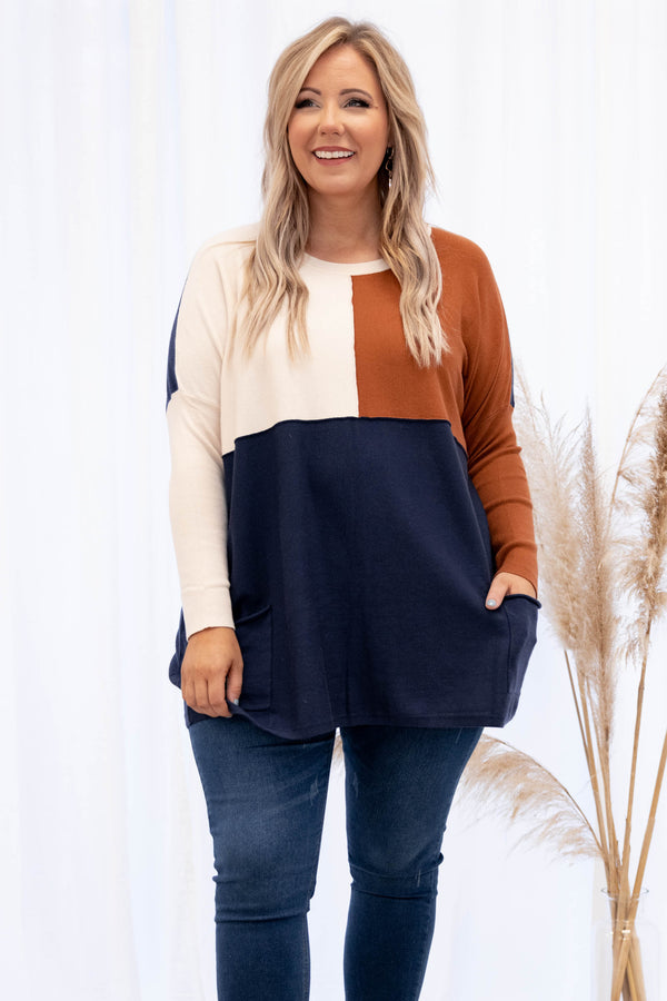 Navy, Sweater, Navy Sweater, Pattern, Long Sleeve, Long Sleeve Sweater, Lightweight Sweater, Colorblock 