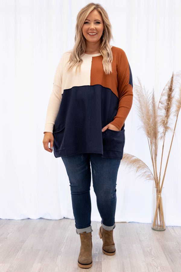 Navy, Sweater, Navy Sweater, Pattern, Long Sleeve, Long Sleeve Sweater, Lightweight Sweater, Colorblock 