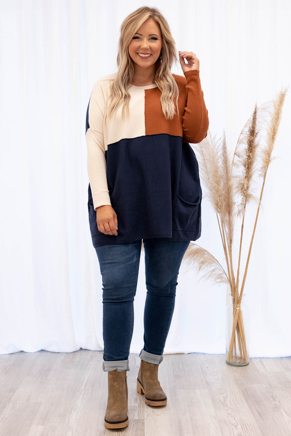 Navy, Sweater, Navy Sweater, Pattern, Long Sleeve, Long Sleeve Sweater, Lightweight Sweater, Colorblock 