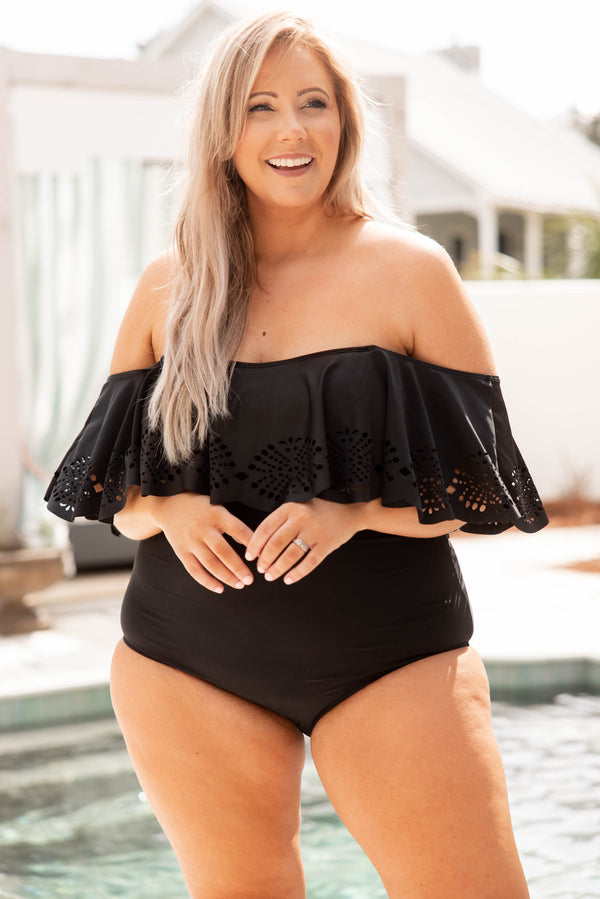 Chic Soul plus size clothing, black off the shoulder one piece swimsuit with lace detailed ruffle