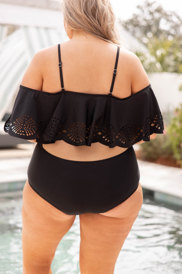 Chic Soul plus size clothing, black off the shoulder one piece swimsuit with lace detailed ruffle