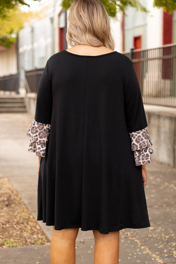 dresses, long sleeve, leopard, ruffle, casual, black