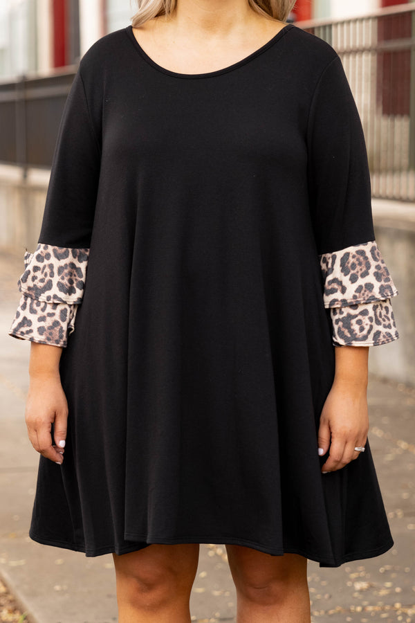 dresses, long sleeve, leopard, ruffle, casual, black