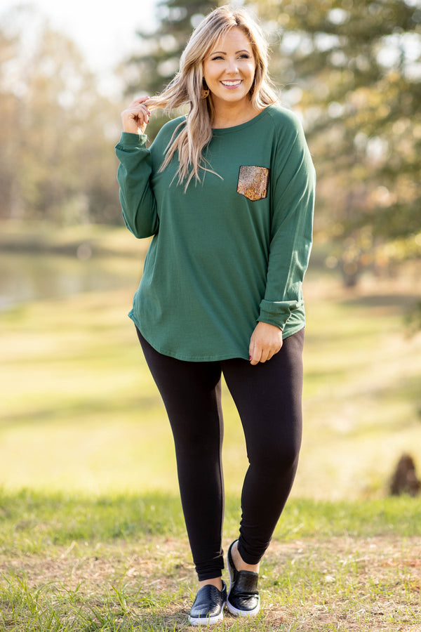 top, tunic, hunter green, slouchy, sequin pocket, long sleeve