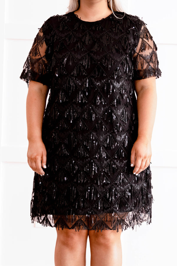 dress, midi, short sleeve, black, sequin, glitter, sparkle, matte