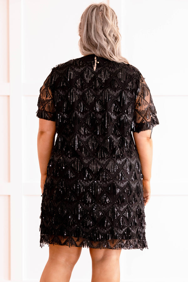 dress, midi, short sleeve, black, sequin, glitter, sparkle, matte
