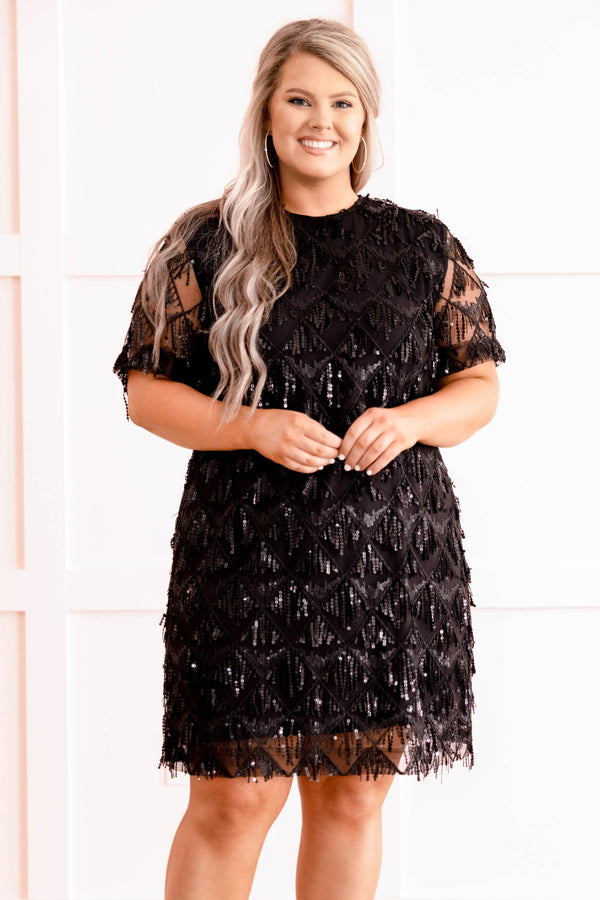 dress, midi, short sleeve, black, sequin, glitter, sparkle, matte