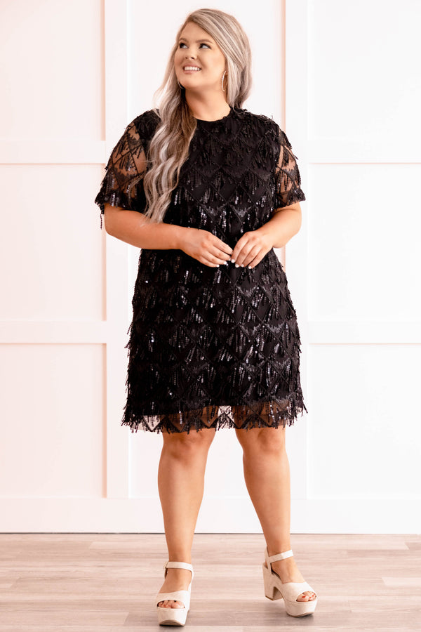 dress, midi, short sleeve, black, sequin, glitter, sparkle, matte