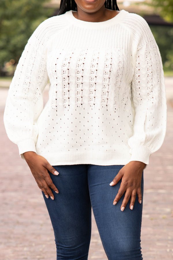 tops, casual, ivory white, knit, long sleeve, solid, comfy
