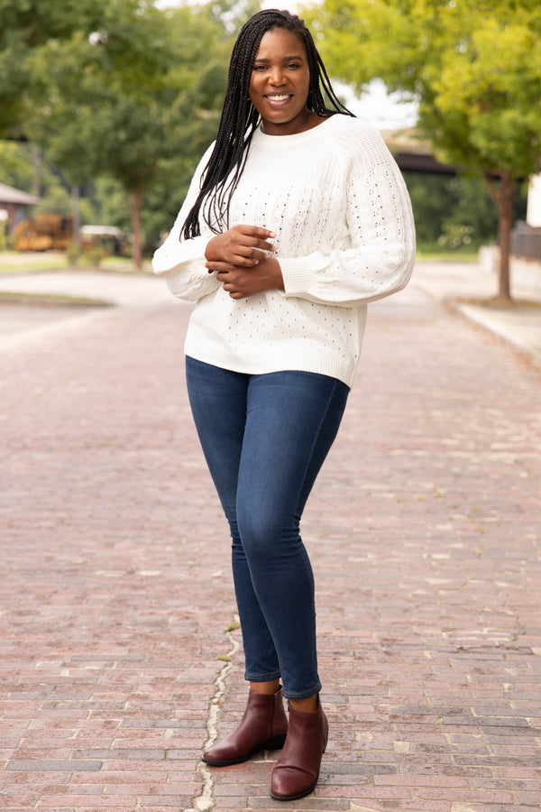 tops, casual, ivory white, knit, long sleeve, solid, comfy