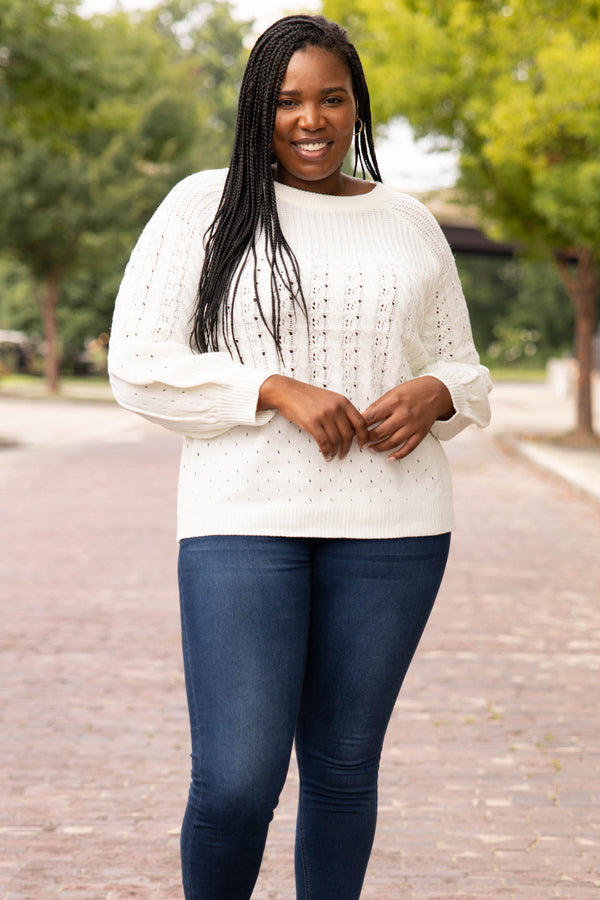 tops, casual, ivory white, knit, long sleeve, solid, comfy