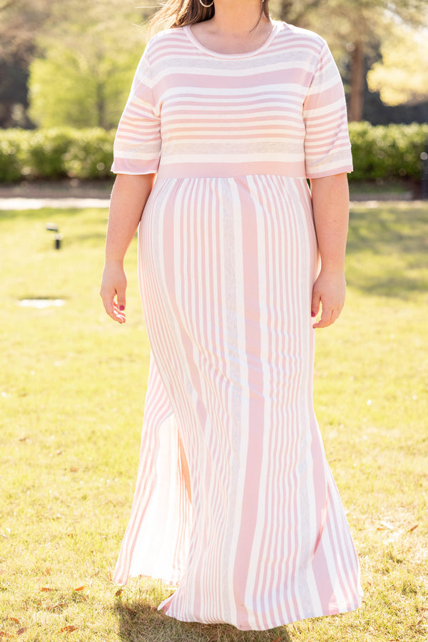 dress, pink, maxi, striped, short sleeve