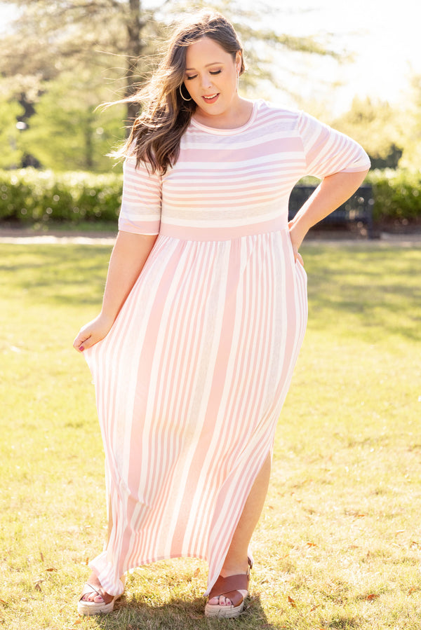 dress, pink, maxi, striped, short sleeve