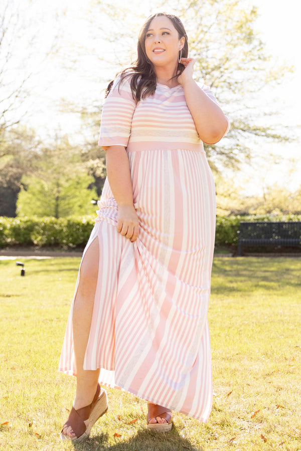 dress, pink, maxi, striped, short sleeve