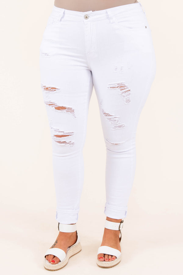 bottoms, jeans, white, solid, distressed, skinny, solid