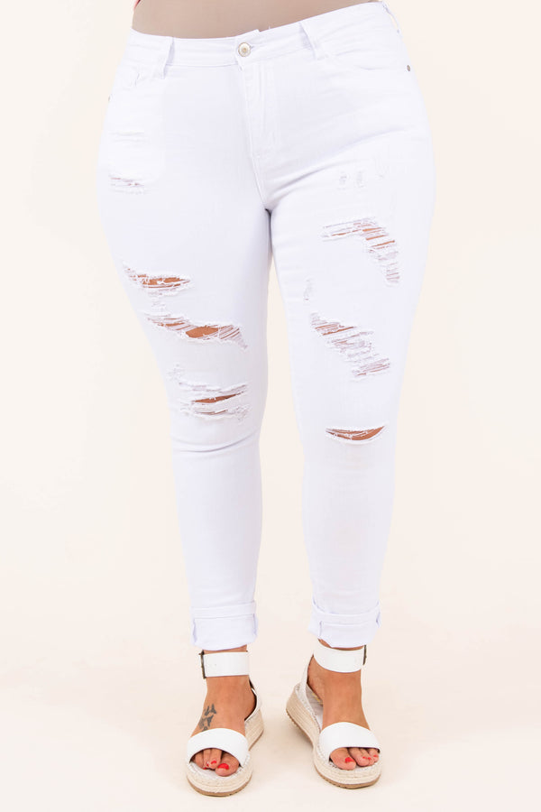 bottoms, jeans, white, solid, distressed, skinny, solid