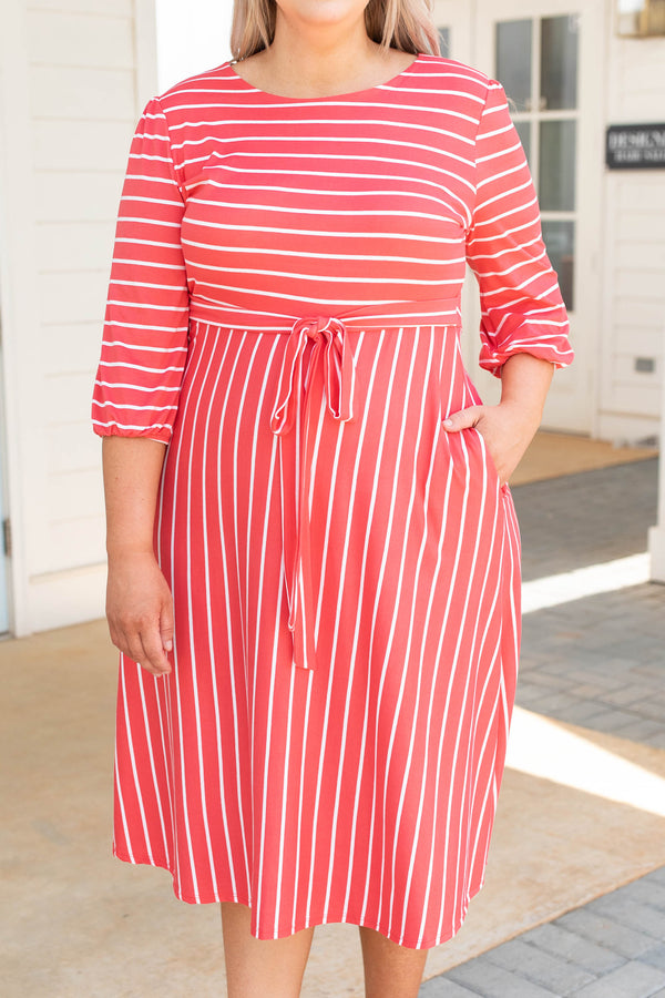 dress, maxi, coral, pink, midi, striped, three quarter sleeve