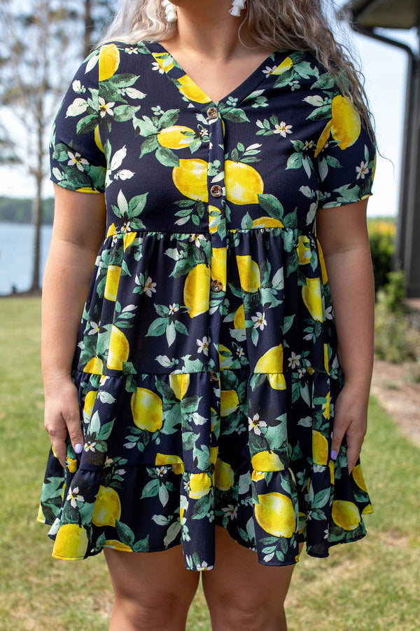 dress, casual, babydoll, blue, floral, flutter sleeve, navy, yellow