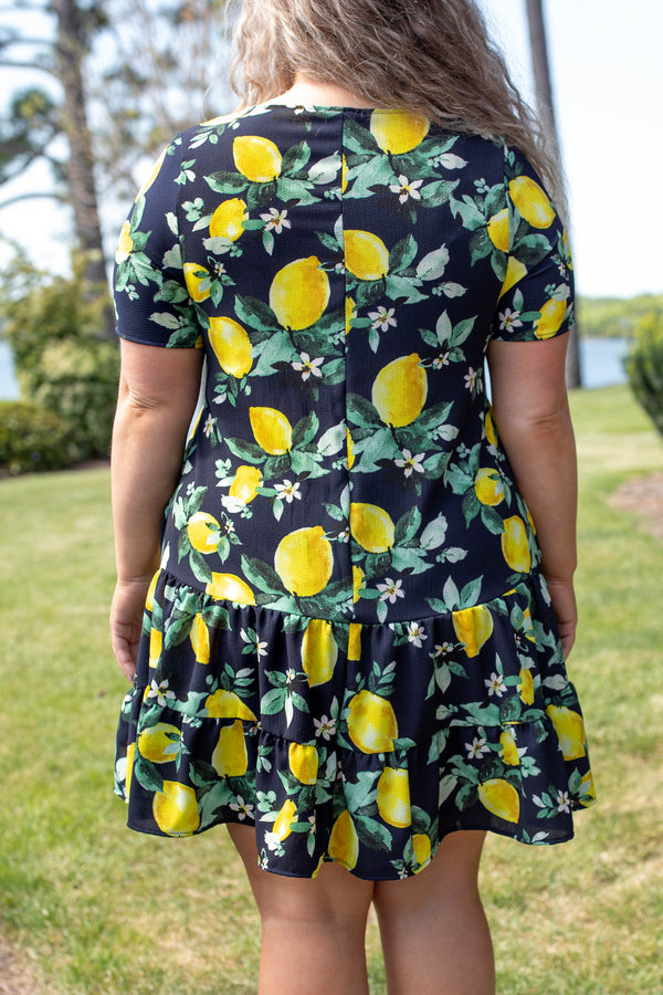 dress, casual, babydoll, blue, floral, flutter sleeve, navy, yellow